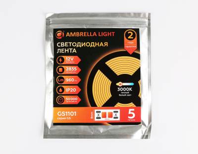 Светодиодная лента GS1101 2835 120Led/ 9.6W m/ 12V IP20 3000K/ 5000*8*1.2mm/ кратность резки 25mm (2 конт.)