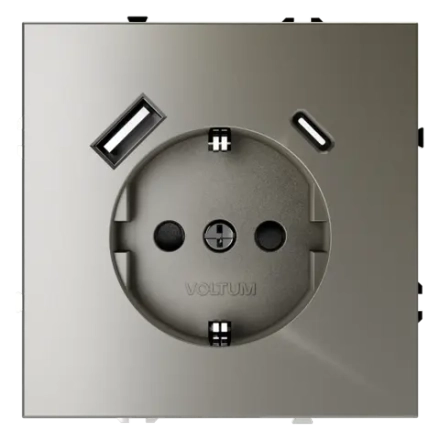 VLS040504 Розетка встраиваемая VOLTUM S70 с заземлением и защитными шторками, 16А, с USB, A+С, (шелк). (ТМ Maytoni)