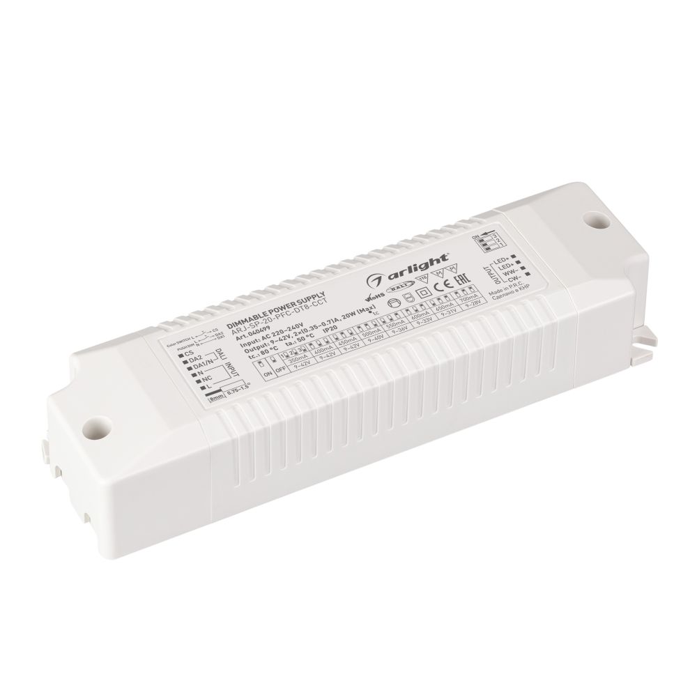 Блок питания ARJ-SP-20-PFC-DT8-ССT (20W, 9-42V, 0.35-0.7А) (Arlight, IP20 Пластик, 5 лет) Блок питания ARJ-SP-20-PFC-DT8-ССT (20W, 9-42V, 0.35-0.7А) (Arlight, IP20 Пластик, 5 лет)