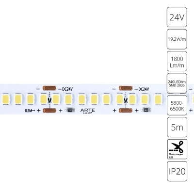 Светодиодная лента 24V 19,2W/m 6000К 5м Arte Lamp TAPE A2424010-03-6K, LED
