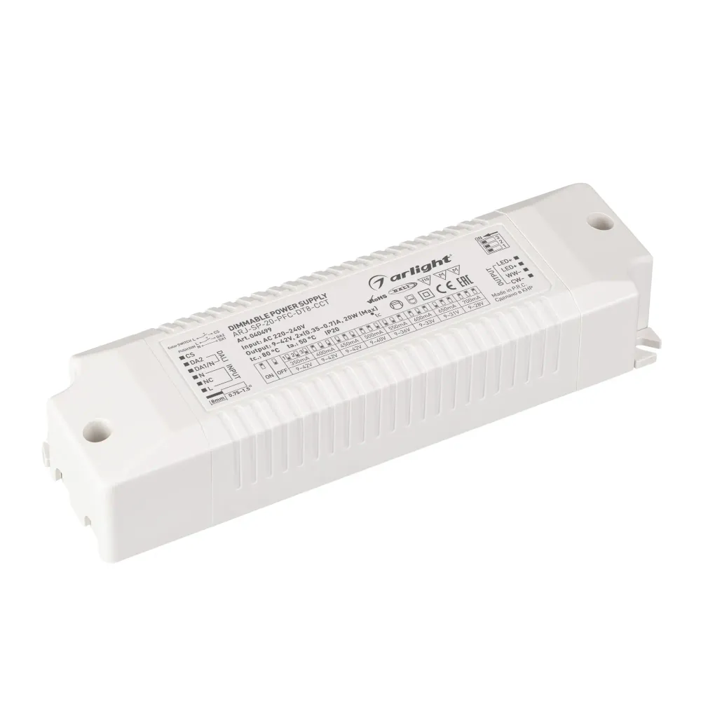 Блок питания ARJ-SP-20-PFC-DT8-ССT (20W, 9-42V, 0.35-0.7А) (Arlight, IP20 Пластик, 5 лет) Блок питания ARJ-SP-20-PFC-DT8-ССT (20W, 9-42V, 0.35-0.7А) (Arlight, IP20 Пластик, 5 лет)