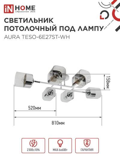 Светильник AURA TESO-6E27ST-WH 6хE27потолочн. поворотн.; плафоны прозр./корпус бел. IN HOME 4690612063584