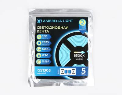 Светодиодная лента GS1303 2835 180Led/ 14.4W m/ 12V IP20 6500K/ 5000*8*1.2mm/ кратность резки 25mm (2 конт.)