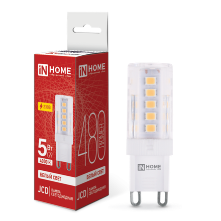 Лампа светодиодная LED-JCD 5Вт капсульная прозрачная 4000К нейтр. бел. G9 480лм 230В IN HOME 4690612036328