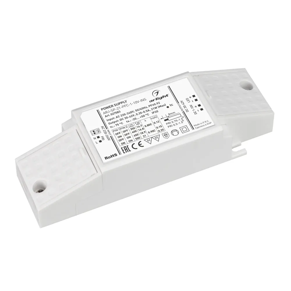 Блок питания ARJ-SP-21-PFC-1-10V-INS (21W, 350-500mA) (Arlight, IP20 Пластик, 5 лет) Блок питания ARJ-SP-21-PFC-1-10V-INS (21W, 350-500mA) (Arlight, IP20 Пластик, 5 лет)