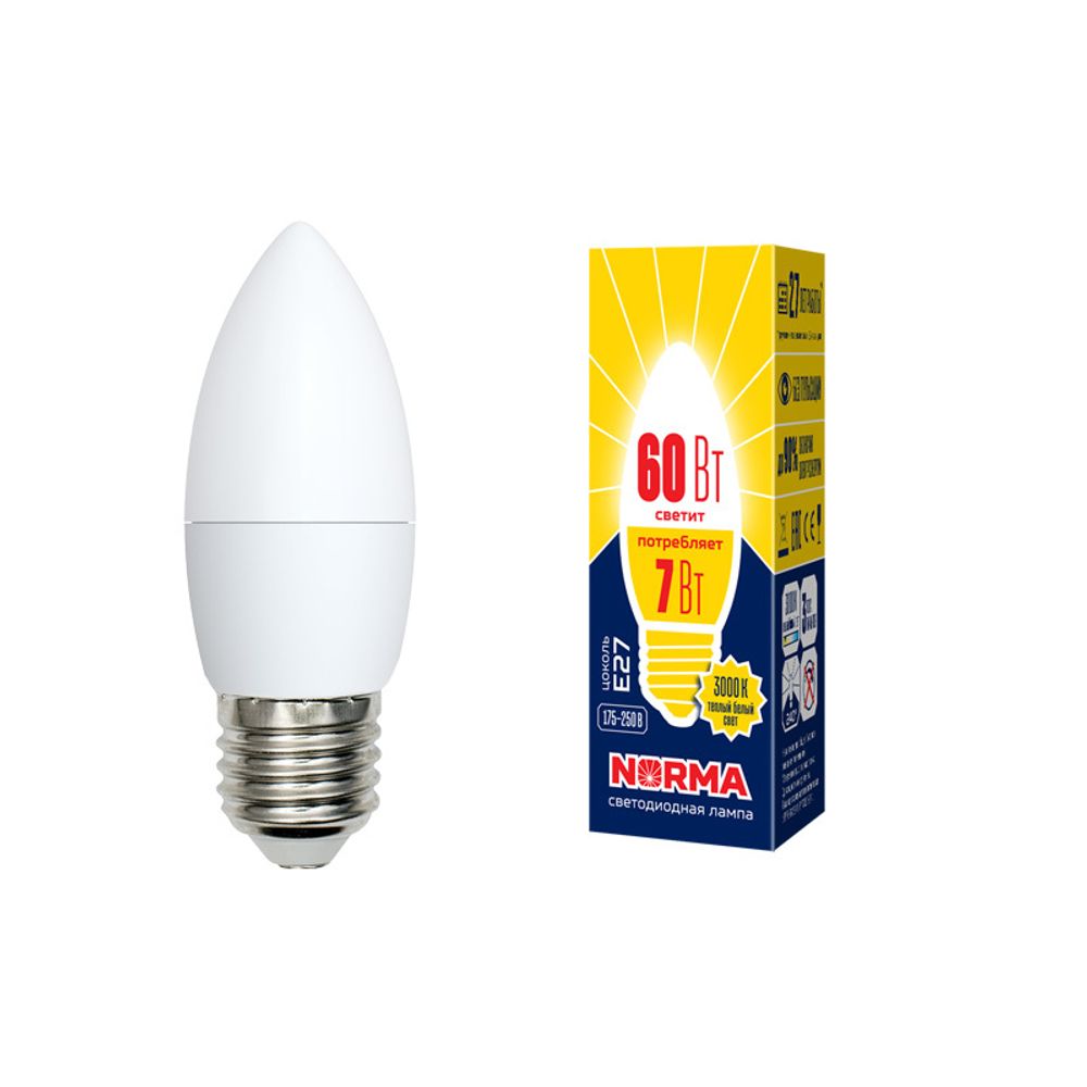 LED-C37-7W/WW/E27/FR/NR Лампа светодиодная. Форма &quot;свеча&quot;, матовая. Серия Norma. Теплый белый свет (3000K). Картон. ТМ Volpe