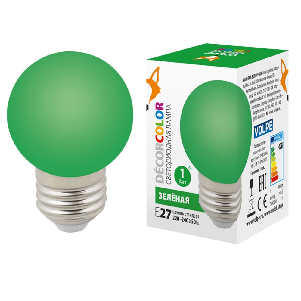 LED-G45-1W/GREEN/E27/FR/С Лампа декоративная светодиодная. Форма &quot;шар&quot;, матовая. Цвет зеленый. Картон. ТМ Volpe.