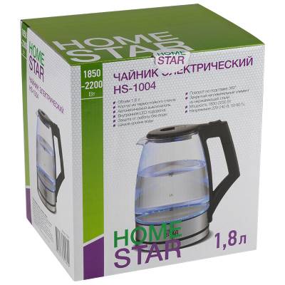 Чайник HomeStar HS-1004 (1,8 л), стекло, пластик, черный