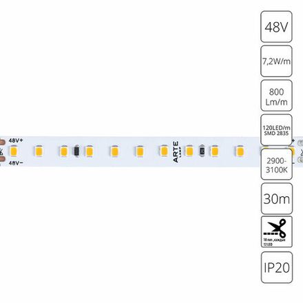 Светодиодная лента 48V 7,2W/m 3000К 30м Arte Lamp TAPE A4812010-03-3K, LED