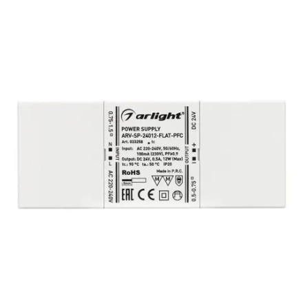 Блок питания ARV-SP-24012-FLAT-PFC (24V, 0.5A, 12W) (Arlight, IP20 Пластик, 5 лет)