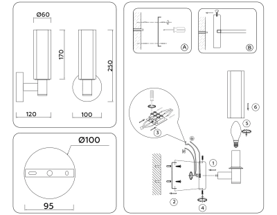 Светильник настенный LH55517 BK/BS/CL черный/латунь/прозрачный E14 max 40W 120*100*250