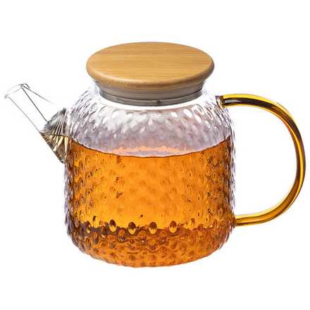 Чайник заварочный AROMA, объем 1 л, из боросиликатного стекла с рельефом, с крышкой из бамбука