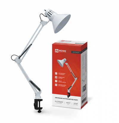 Светильник настольный СНС 13Б 60Вт E27 230В под лампу на струбцине бел. (кор.) IN HOME 4690612012728