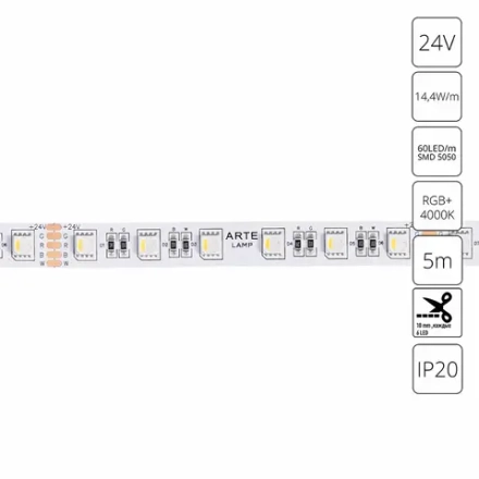 Светодиодная лента 24V 14,4W/m  RGB+W 4000К 5м Arte Lamp TAPE A2406012-01-RGB4K, LED