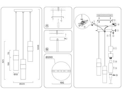 Светильник подвесной LH55102/3 BK/FR/TI черный/белый матовый/янтарь E14*3 max 40W D220*1200
