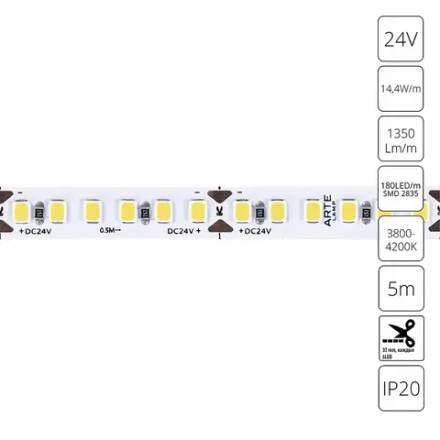 Светодиодная лента 24V 14,4W/m 4000К 5м Arte Lamp TAPE A2418008-02-4K, LED