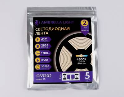 Светодиодная лента GS3202 2835 180Led/ 14.4W m/ 24V IP20 4500K/ 5000*8*1.2mm/ кратность резки 33mm (2 конт.)
