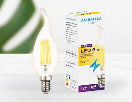 Светодиодная лампа Filament LED C37L-F 6W E14 3000K (60W)
