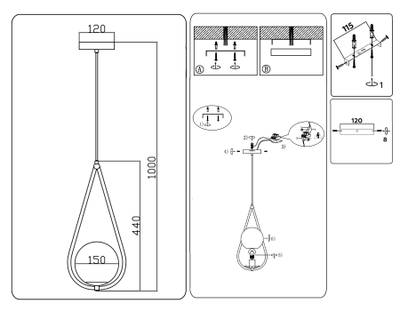 Подвесной светильник TR2598 BK черный E27 max 60W D150*1000