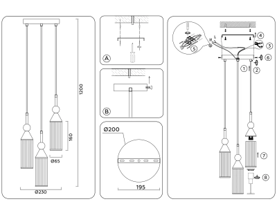 Светильник подвесной LH55252/3 BK/BS/CL черный/латунь/прозрачный E14*3 max 40W D230*1200