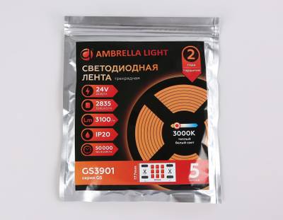 Светодиодная лента трехрядная GS3901 2835 324Led/ 26W m/ 24V IP20 3000K/ 5000*18*1.2mm/ кратность резки 18.5mm (2 конт.)