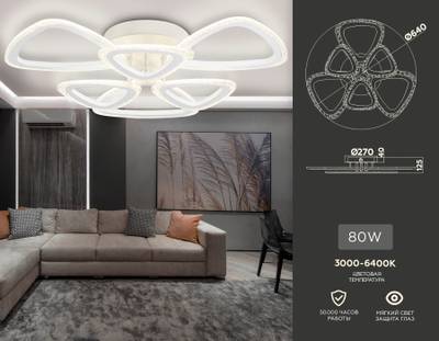 Светильник потолочный светодиодный с пультом FA4512/3+3 WH белый 80W 4200K/3000K/6400K D640*120 (ПДУ ИК)