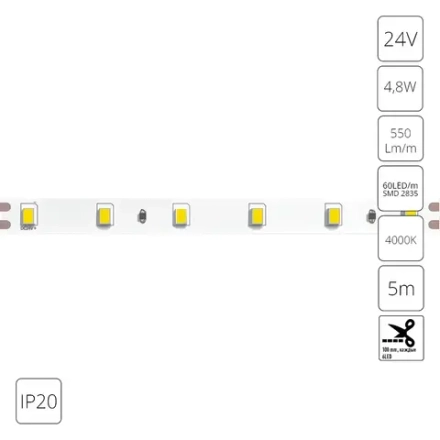 Светодиодная лента 24V 4,8W/m 4000К 5м IP20 Arte Lamp TAPE A2406008-02-4K, LED