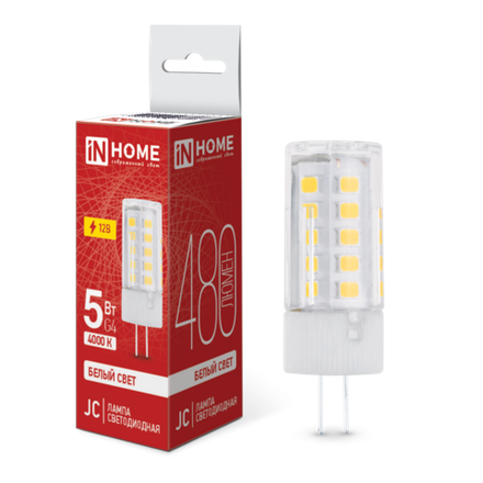 Лампа светодиодная LED-JC 5Вт капсульная прозрачная 4000К нейтр. бел. G4 480лм 12В IN HOME 4690612036083