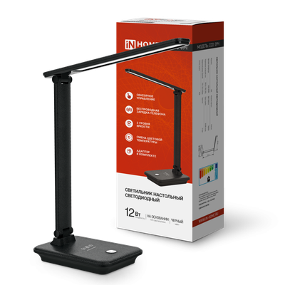 Светильник светодиодный настольный ССО 09Ч 12Вт 3000-6500К 600лм сенсор-диммер с беспров. зарядкой для телефона с адаптером черн. IN HOME 4690612036588