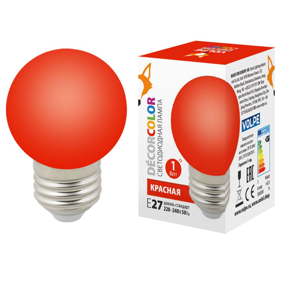 LED-G45-1W/RED/E27/FR/С Лампа декоративная светодиодная. Форма &quot;шар&quot;, матовая. Цвет красный. Картон. ТМ Volpe.