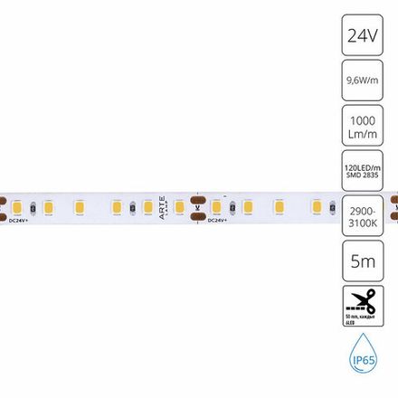 Светодиодная лента 24V 9,6W/m 3000К 5м Arte Lamp AQUA TAPE A2412008-04-3K, LED
