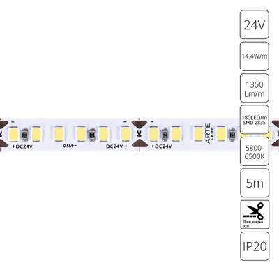 Светодиодная лента 24V 14,4W/m 6000К 5м Arte Lamp TAPE A2418008-03-6K, LED
