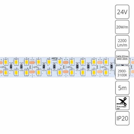 Светодиодная лента 24V 20W/m 3000К 5м Arte Lamp TAPE A2424015-01-3K, LED