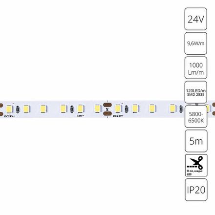 Светодиодная лента 24V 9,6W/m 6000К 5м Arte Lamp TAPE A2412008-03-6K, LED