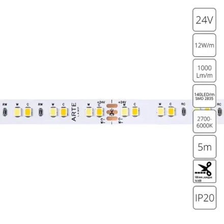 Светодиодная лента 24V 12W/m mix 2700-6000К 5м Arte Lamp TAPE A2414010-01-mix, LED