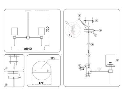 Светильник подвесной LH72373/7 DBS/WH темная латунь/белый E14/7 max 40W D840*720