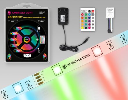 Комплект светодиодной ленты RGB GS2401 5050 30Led/ 7.2W m/ 12V IP20 RGB/ 5000*10*1.87mm/ кратность резки 100mm (4 конт.) (адаптер, вилка, контроллер, пульт в комплекте)