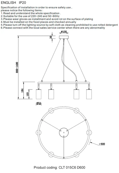 Светильник подвесной Crystal Lux CLT 015C6 D600 BL-GO 1400/250