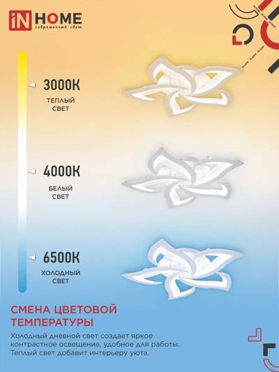 Светильник светодиодный ELEGANT LOTUS 90Вт 3000-6500К 7000лм 230В 590х570х90мм с пультом ДУ бел. IN HOME 4690612051505