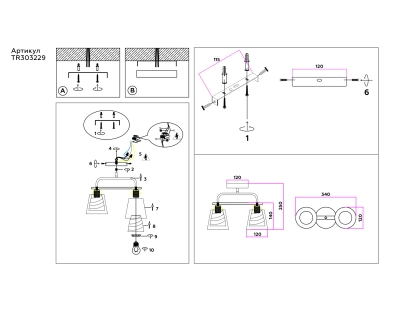 Светильник потолочный TR303229/2 WH/CH/CL/FR белый/хром/прозрачный/белый матовый E27*2 max 60W 340*120*250
