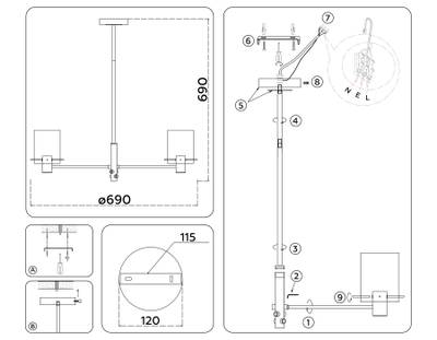 Светильник подвесной LH57031/6 BS/SM латунь/дымчатый E14/6 max 40W D690*690