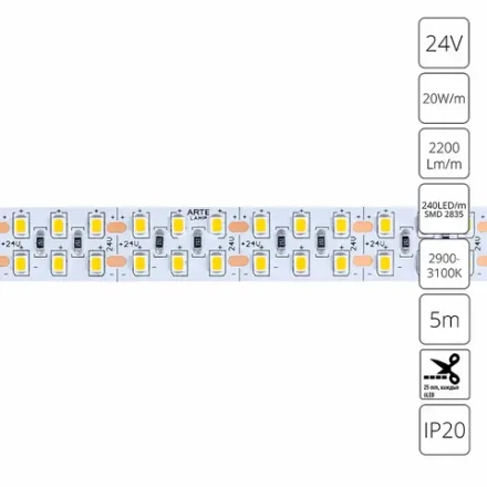 Светодиодная лента 24V 20W/m 3000К 5м Arte Lamp TAPE A2424015-01-3K, LED