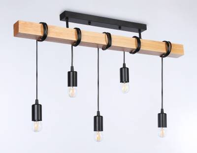 Подвесной светильник в стиле лофт TR8183/5 BK/LW черный/светлое дерево E27*5 max 40W 800*50*420