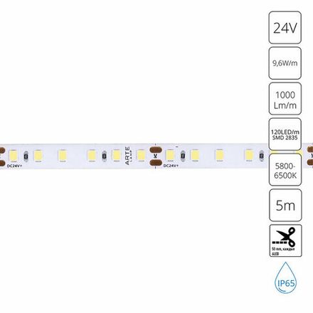 Светодиодная лента 24V 9,6W/m 6000К 5м Arte Lamp AQUA TAPE A2412008-06-6K, LED