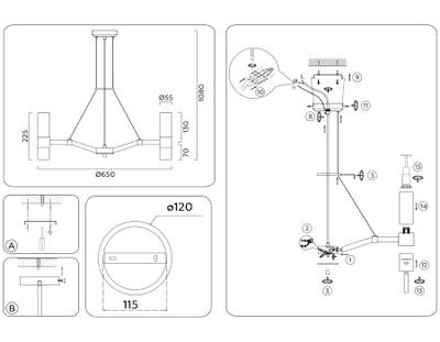 Светильник подвесной LH55114/6 BS/FR/TI латунь/белый матовый/янтарь E14*6 max 40W D650*1080