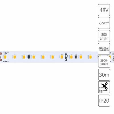 Светодиодная лента 48V 7,2W/m 3000К 30м Arte Lamp TAPE A4812010-03-3K, LED