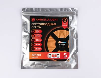 Светодиодная лента GS1201 2835 120Led/ 9.6W m/ 12V IP65 3000K/ 5000*8*2.27mm/ кратность резки 25mm (2 конт.)