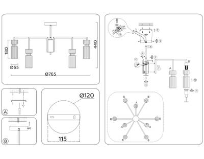 Светильник на штанге LH56117/9 BK/BS/CL черный/латунь/прозрачный E14*9 max 40W D765*440