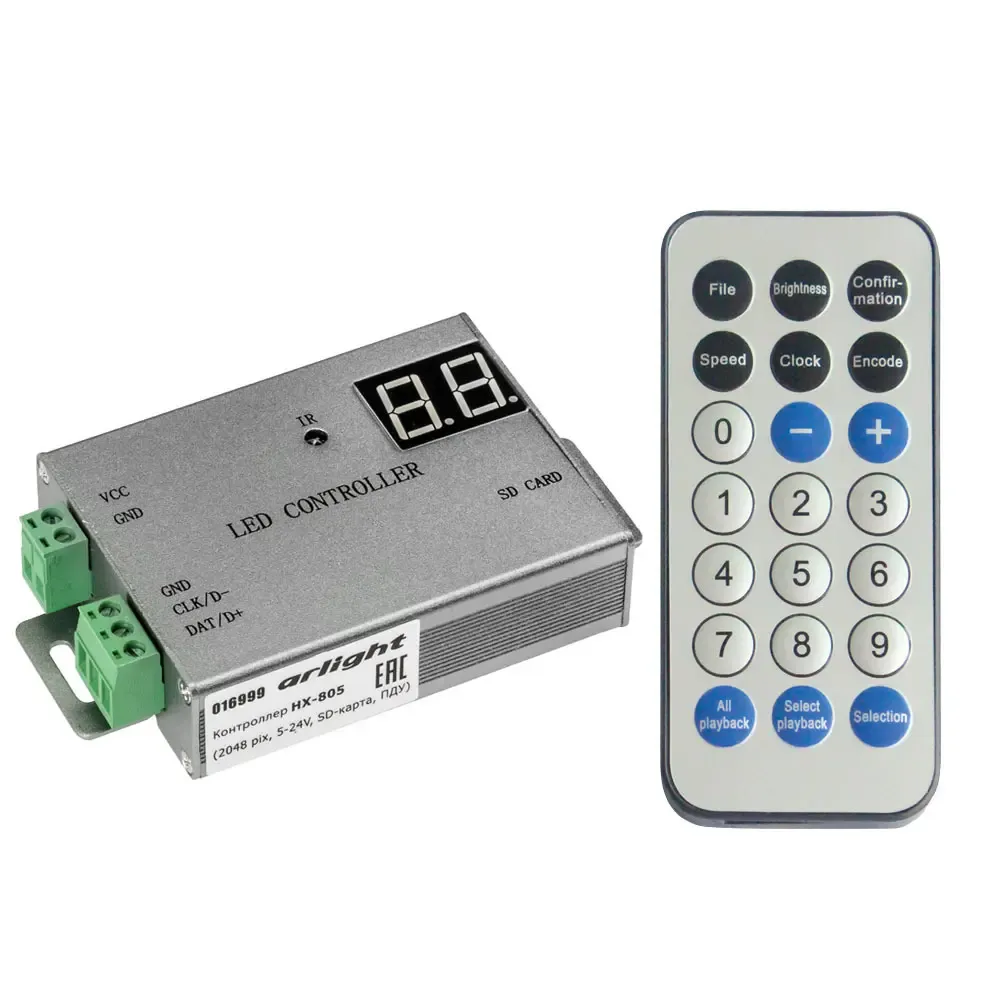 Контроллер HX-805 (2048 pix, 5-24V, SD-карта, ПДУ) (Arlight, -) Контроллер HX-805 (2048 pix, 5-24V, SD-карта, ПДУ) (Arlight, -)