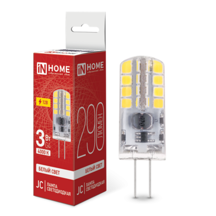 Лампа светодиодная LED-JC 3Вт капсульная прозрачная 4000К нейтр. бел. G4 290лм 12В IN HOME 4690612036021